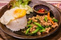 Stir-fried basil or Pad Kra Pao with fried eggs and fish sauce chili is a popular Thai food Royalty Free Stock Photo
