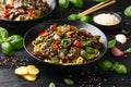 Stir fried beef in black bean sauce with vegetables and noodles. Take away food Royalty Free Stock Photo