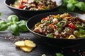 Stir fried beef in black bean sauce with vegetables and noodles. Take away food Royalty Free Stock Photo