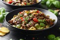 Stir fried beef in black bean sauce with vegetables and noodles. Take away food Royalty Free Stock Photo