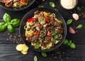 Stir fried beef in black bean sauce with vegetables and noodles. Take away food Royalty Free Stock Photo