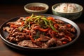 Stir-fried beef with vegetables and rice on a black plate. Beef bulgogi with kimchi