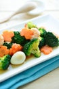 Stir-fried broccoli mixed vegetables , prawn and Quail egg in di