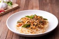 Stir fried capellini pasta with Short Necked Clam .Thai style food Royalty Free Stock Photo