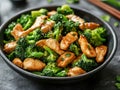 Stir-fried Chicken and Broccoli with Sesame Seeds in a Black Bowl Royalty Free Stock Photo