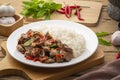 Stir-fried Chicken Giblets(livers, heart and gizzards) with Chillies and basil