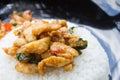 Stir-Fried Chicken and Holy Basil on Rice or Thai Food Recipe Left Frame Royalty Free Stock Photo