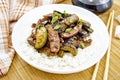Stir-fried of chicken with zucchini in plate on napkin Royalty Free Stock Photo
