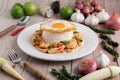 Stir Fried Chili Paste Chicken with Rice Fried eggs in white plate