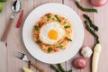 Stir Fried Chili Paste Chicken with Rice Fried eggs in white plate