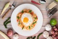 Stir Fried Chili Paste Chicken with Rice Fried eggs in white plate