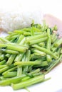 Stir-Fried Chinese Morning Glory, Water Spinach, Tumis Kangkung, stir fried morning glory .phad puk boong fri dang. thai food. Royalty Free Stock Photo