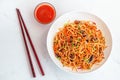 Stir-Fried Chow Mein with Vegetables with Sauce Top Down Food Photo