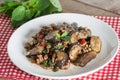 Stir fried eggplant with minced pork and basil. Royalty Free Stock Photo