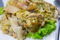 Stir fried flat noodle and chicken and egg Thai street food Royalty Free Stock Photo