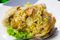 Stir fried flat noodle and chicken and egg Thai street food Royalty Free Stock Photo