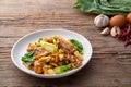 Stir fried flat noodle and pork with preserved soy bean paste Royalty Free Stock Photo