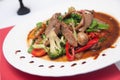 Stir fried grill duck with black pepper.