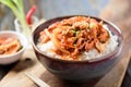 Stir fried kimchi with pork on cooked rice Royalty Free Stock Photo