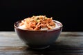 Stir fried kimchi with pork on cooked rice Royalty Free Stock Photo