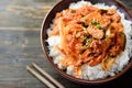 Korean food, Stir fried kimchi with pork on cooked rice Royalty Free Stock Photo