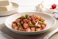 Stir fried Minced Pork with Deep Fried Tofu and red fermented bean curd Royalty Free Stock Photo