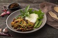 Stir fried minced pork salad,Spicy Northern Thai-Style food,fry mixed Ground pork with Pork Large Intestine and pig spleen in Royalty Free Stock Photo