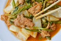 Stir fried mixed vegetable and pork in sukiyaki sauce on dish Royalty Free Stock Photo