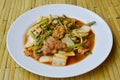 Stir fried mixed vegetable and pork in sukiyaki sauce on dish Royalty Free Stock Photo