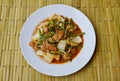 Stir fried mixed vegetable and pork in sukiyaki sauce on dish Royalty Free Stock Photo