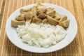 Stir fried mushrooms with pork on wooden background,Thai food