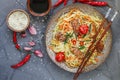 Stir fried noodle with chicken, vegetable , sesame seeds and soy sauce Royalty Free Stock Photo