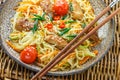 Stir fried noodle with chicken, vegetable , sesame seeds and soy sauce Royalty Free Stock Photo