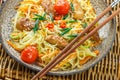 Stir fried noodle with chicken, vegetable , sesame seeds and soy sauce Royalty Free Stock Photo