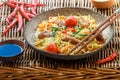 Stir fried noodle with chicken, vegetable , sesame seeds and soy sauce Royalty Free Stock Photo