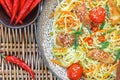 Stir fried noodle with chicken, vegetable , sesame seeds and soy sauce Royalty Free Stock Photo