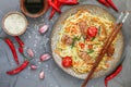 Stir fried noodle with chicken, vegetable , sesame seeds and soy sauce Royalty Free Stock Photo