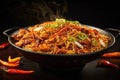 stir-fried noodles with chicken and vegetables in a wok, Experience a flaming spice sensation with sizzling stir-fried noodles,