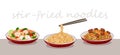 Stir-fried noodles set cartoon vector illustration.