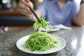 Stir-fried pea shoots dou miao with ginger, Vegan chinese food. Royalty Free Stock Photo