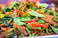 Stir-fried pork with chili paste, bergamot leaves, and yardlong bean. Beef stir fried with variety of vegetables for serve in the Royalty Free Stock Photo
