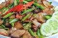 Stir Fried Pork Curry with Long Beans Served with cucumber as a side dish and steamed rice, ready to eat Royalty Free Stock Photo