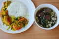 Stir fried prawn with curry powder and pork blood soup Royalty Free Stock Photo