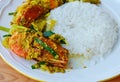 Stir fried prawn with curry powder on rice Royalty Free Stock Photo