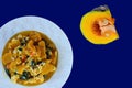 Stir fried pumpkin with egg and basil isolated on blue background Royalty Free Stock Photo