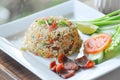 Stir-fried rice with fried sausage and vegetable Royalty Free Stock Photo