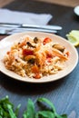 Stir fried rice noodles with prawns and mussels Royalty Free Stock Photo