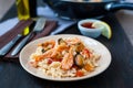Stir fried rice noodles with prawns and mussels Royalty Free Stock Photo