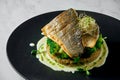 Stir-fried sea bass fillet with quinoa and broccoli garnish with creamy sauce, served in a black plate on a marble background. Royalty Free Stock Photo