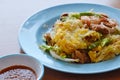 Stir fried seafood glass noodle and egg with sukiyaki sauce Royalty Free Stock Photo